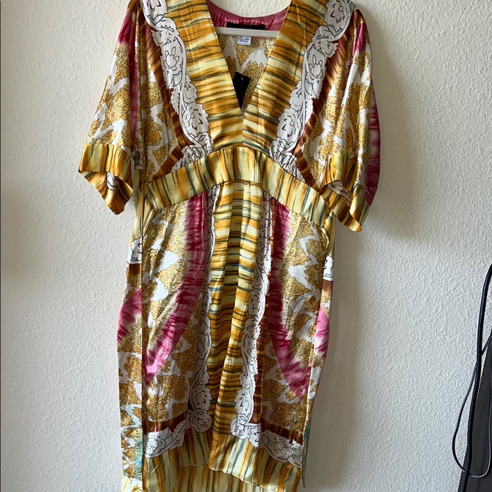 Saks 5th Avenue Yellow and Brown High Low V-Neck Sundress